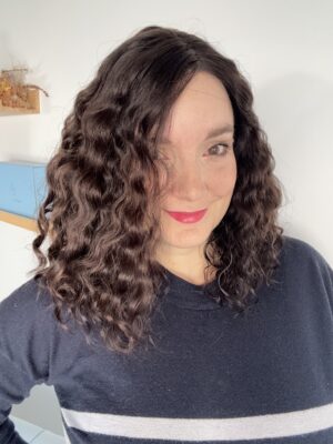 Dark brown curly human hair wig for alopecia and hair loss. A solution for thinning hair.