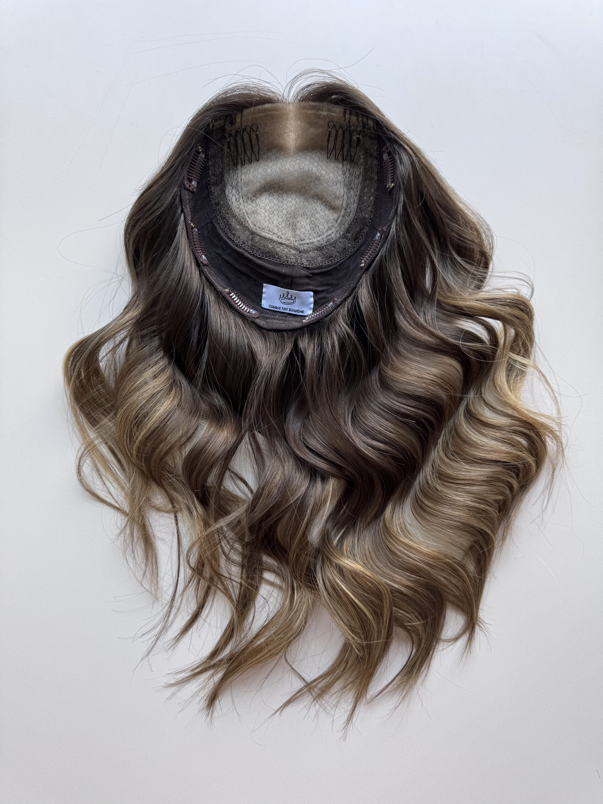 hair topper for androgenetic alopecia, dark brown ombré with light blonde lengths.